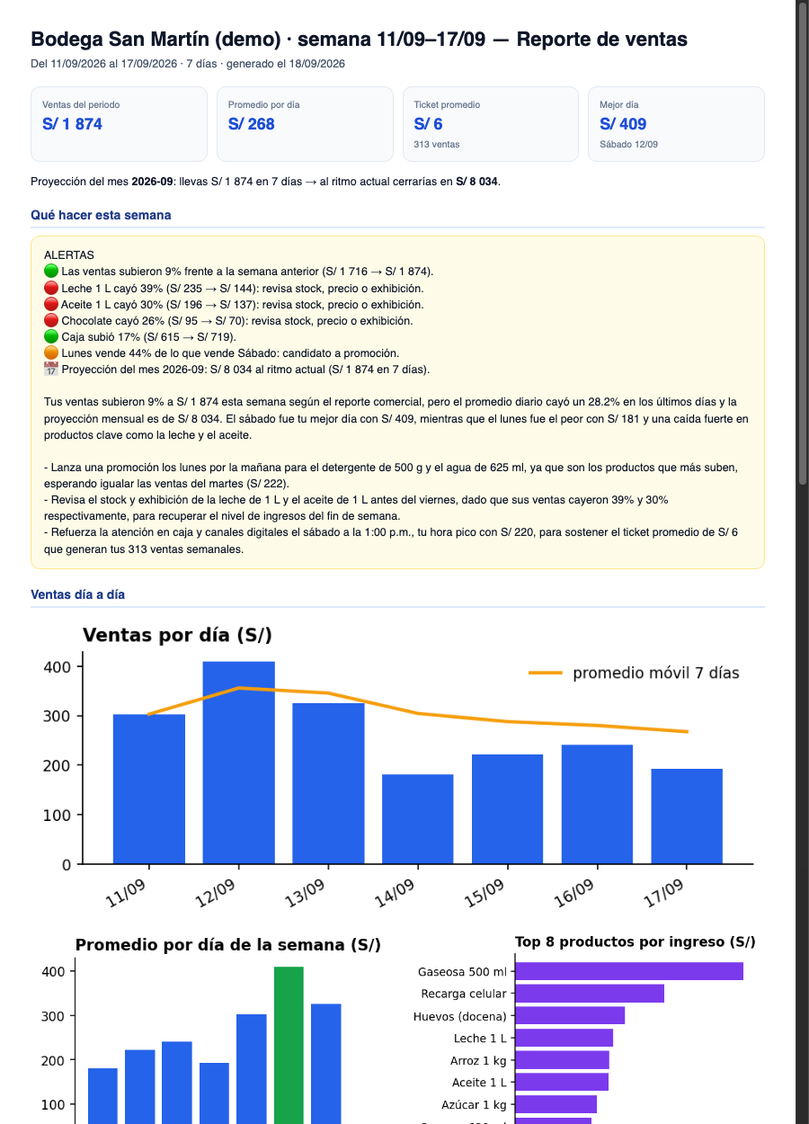 Ejemplo del resumen semanal: indicadores, alertas, ventas por día y por canal, top de productos